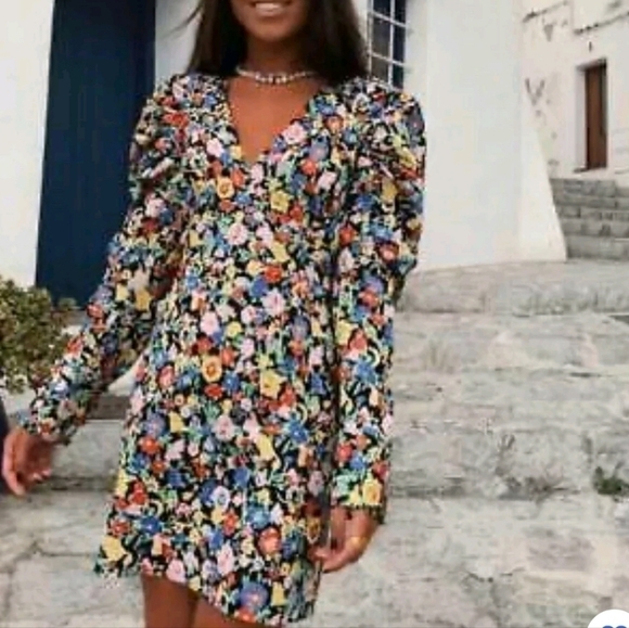 Zara Floral Puff Shoulder Mini Dress XS Dramatic Gigot Statement Sleeve Cotton - Picture 3 of 12